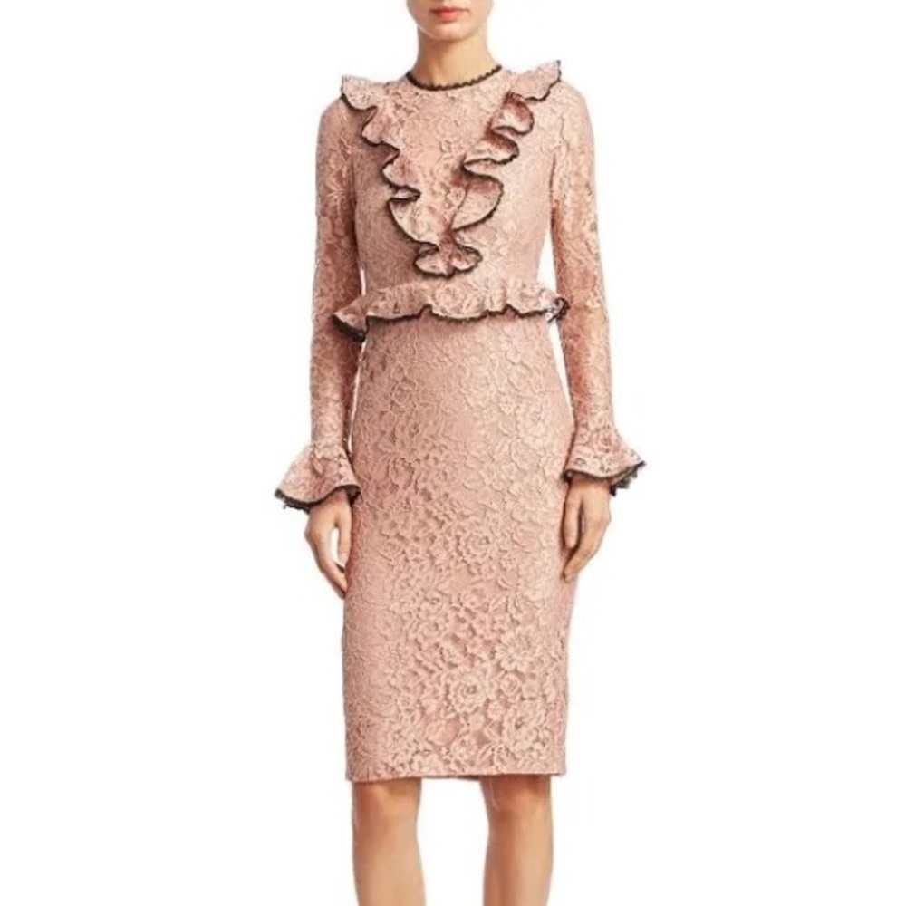Alexis Mariette Lace Ruffle Long Sleeve Dress Blush Pink and Black